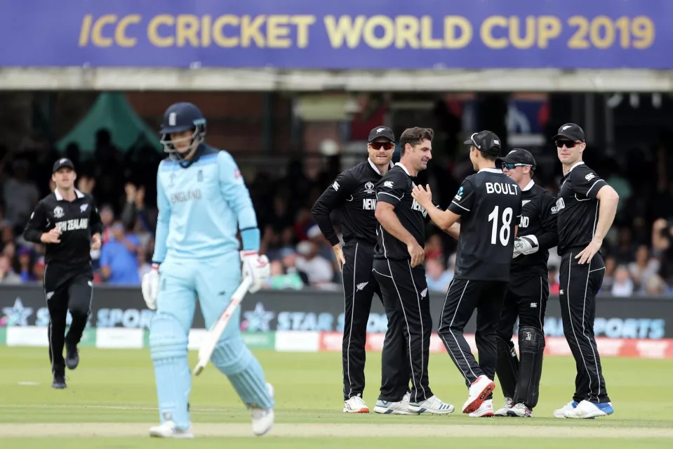 New Zealand celebrating the wicket of Joe Root in the World Cup final of 2019. Photo - Getty Images