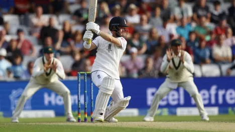 Ben Duckett playing a shot during the third Ashes Test. Photo - Reuters