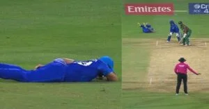 Gulbadin Naib down with a hamstring injury during the match against Bangladesh. Photo - Twitte